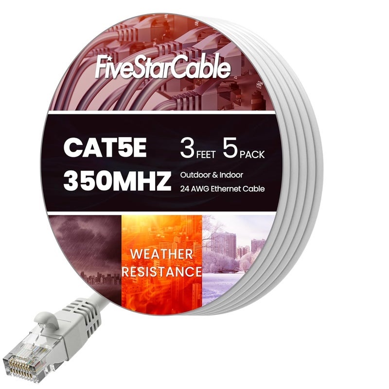 FiveStarCable Cat5e - Pack of 5 - Ethernet Cable 3 Feet White High-Speed Patch Cable, RJ45 Network LAN Cable, Gigabit Internet Cord for Router, Modem, PC, Gaming, Smart TV - Image 1